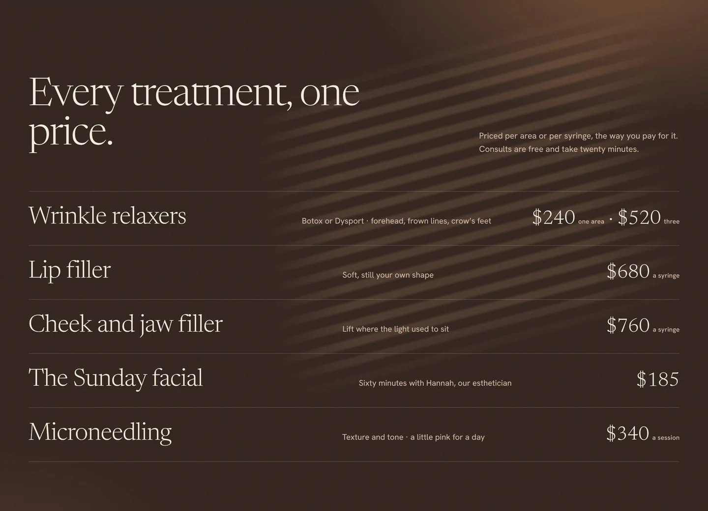 Solenne's treatment list, each treatment with one price in its own unit