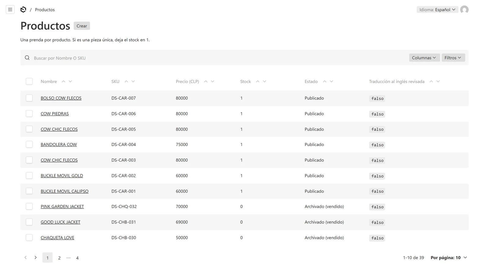 The shop's admin in Spanish: a list of products, each with a stock of 1 or 0