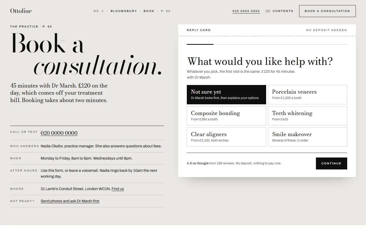 Ottoline's booking page set as a reply card