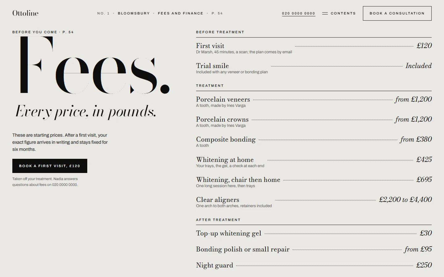 Ottoline's fees page set as a price list