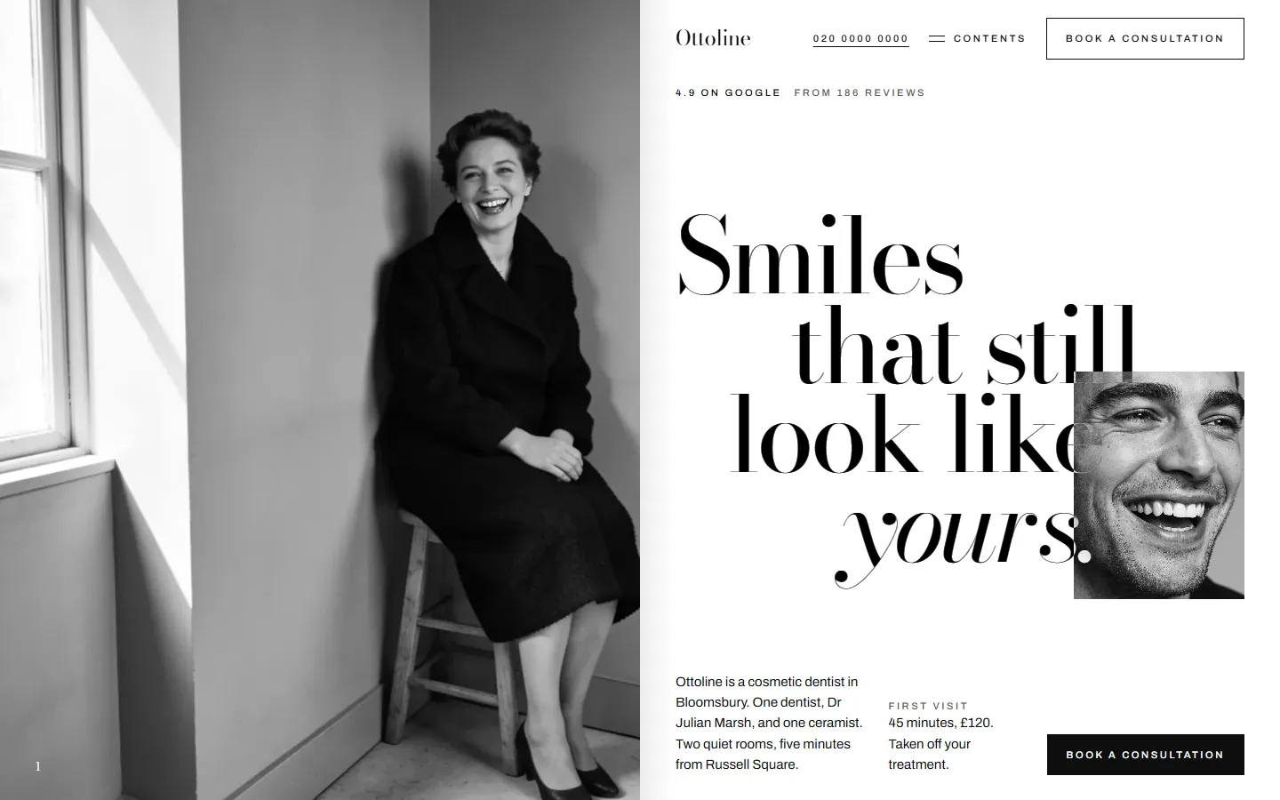 The finished Ottoline home page: a black and white portrait beside a large stepped headline