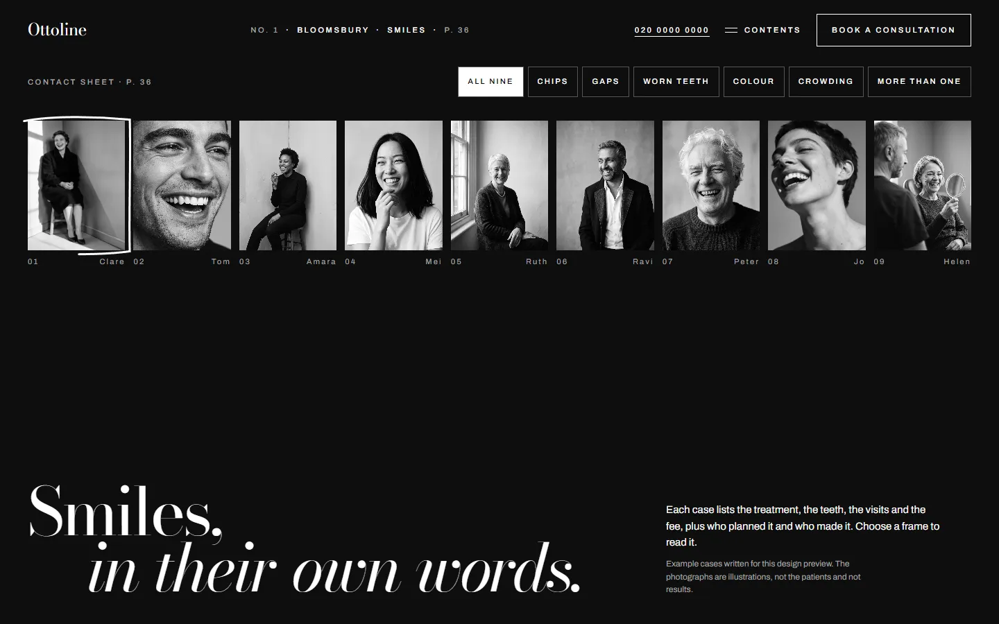 Ottoline's smiles page: a contact sheet of nine black and white portraits