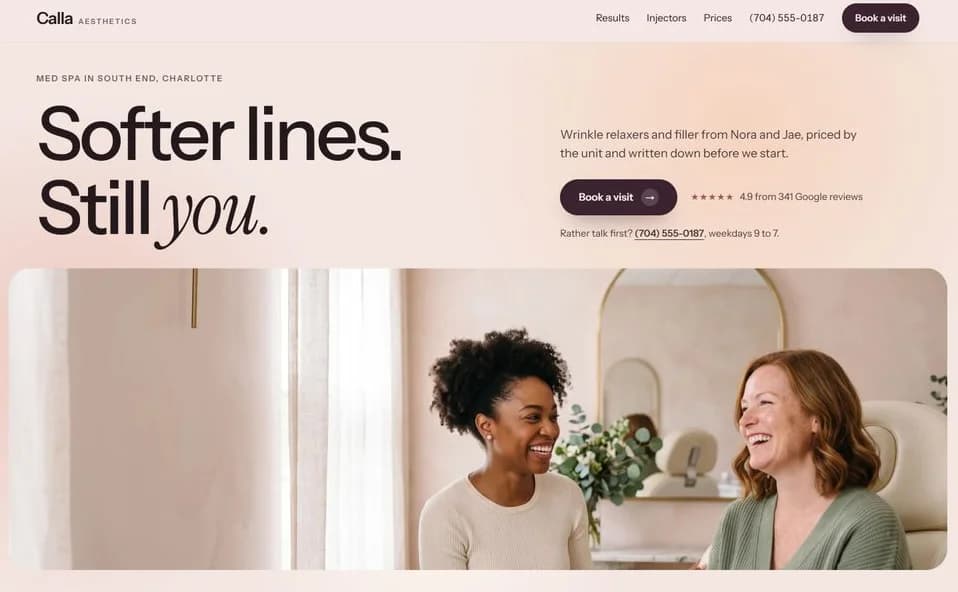 The morning direction: a pale pink first screen with two women laughing