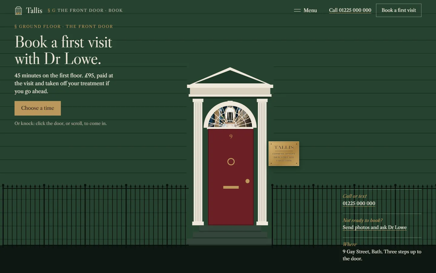 The Tallis booking page: the oxblood front door and a brass plate