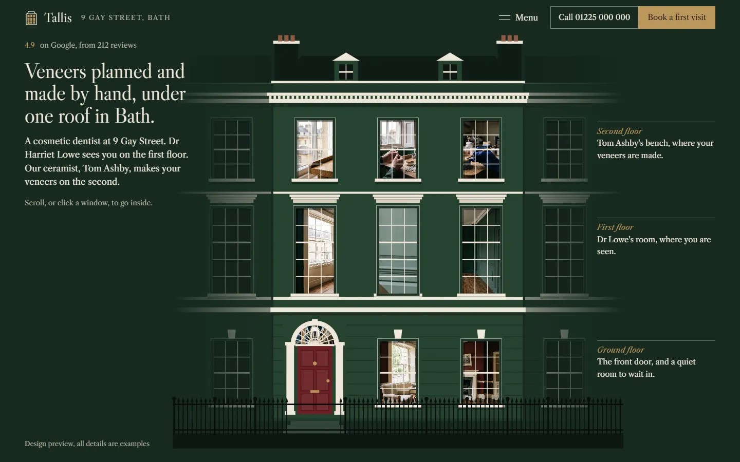 The finished Tallis home page: the house in library green with an oxblood door