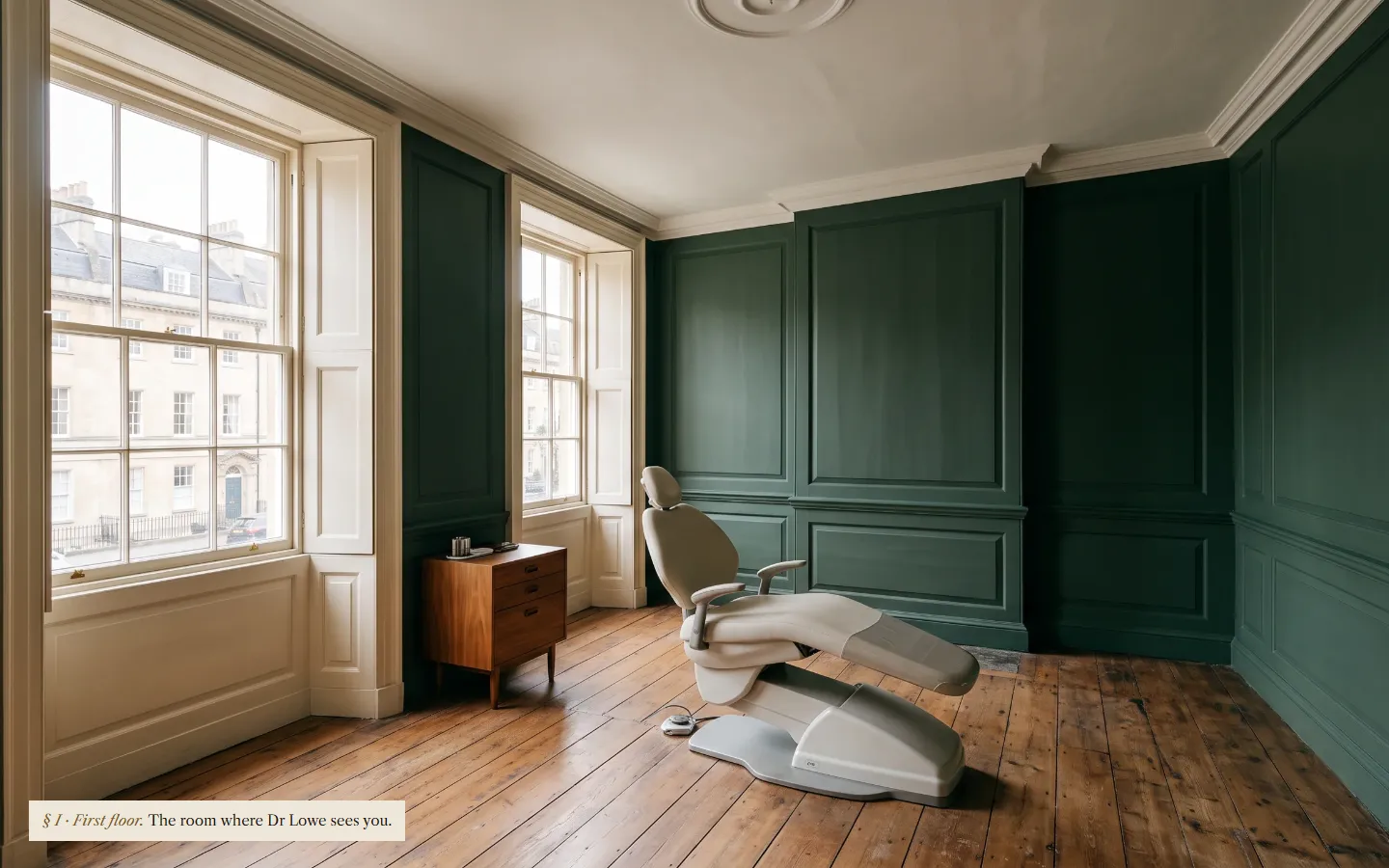 Inside the green treatment room by the window