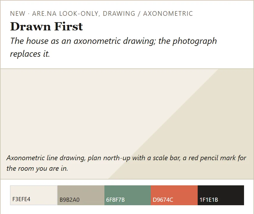 The Drawn First direction on a research board: a name, an empty panel where a line drawing would go, and five colors