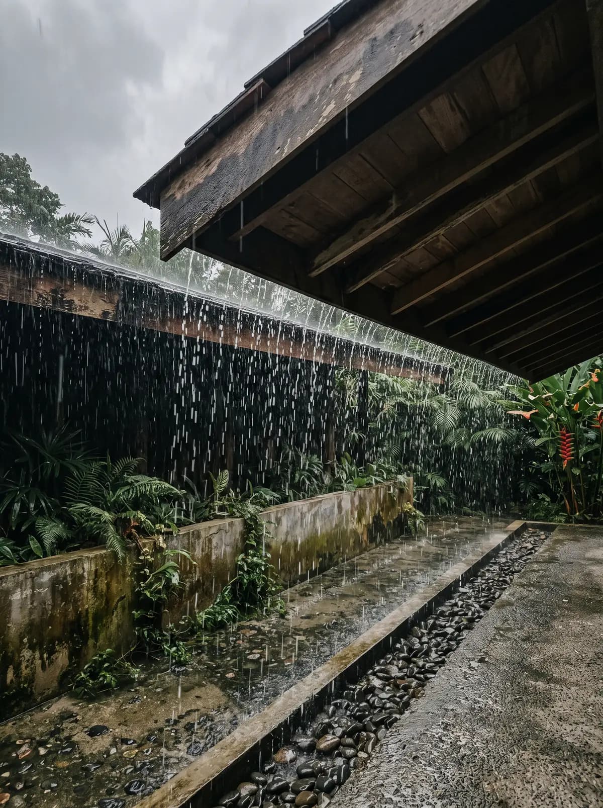 Rain running off a deep timber eave into a stone drain, with ferns behind a concrete wall