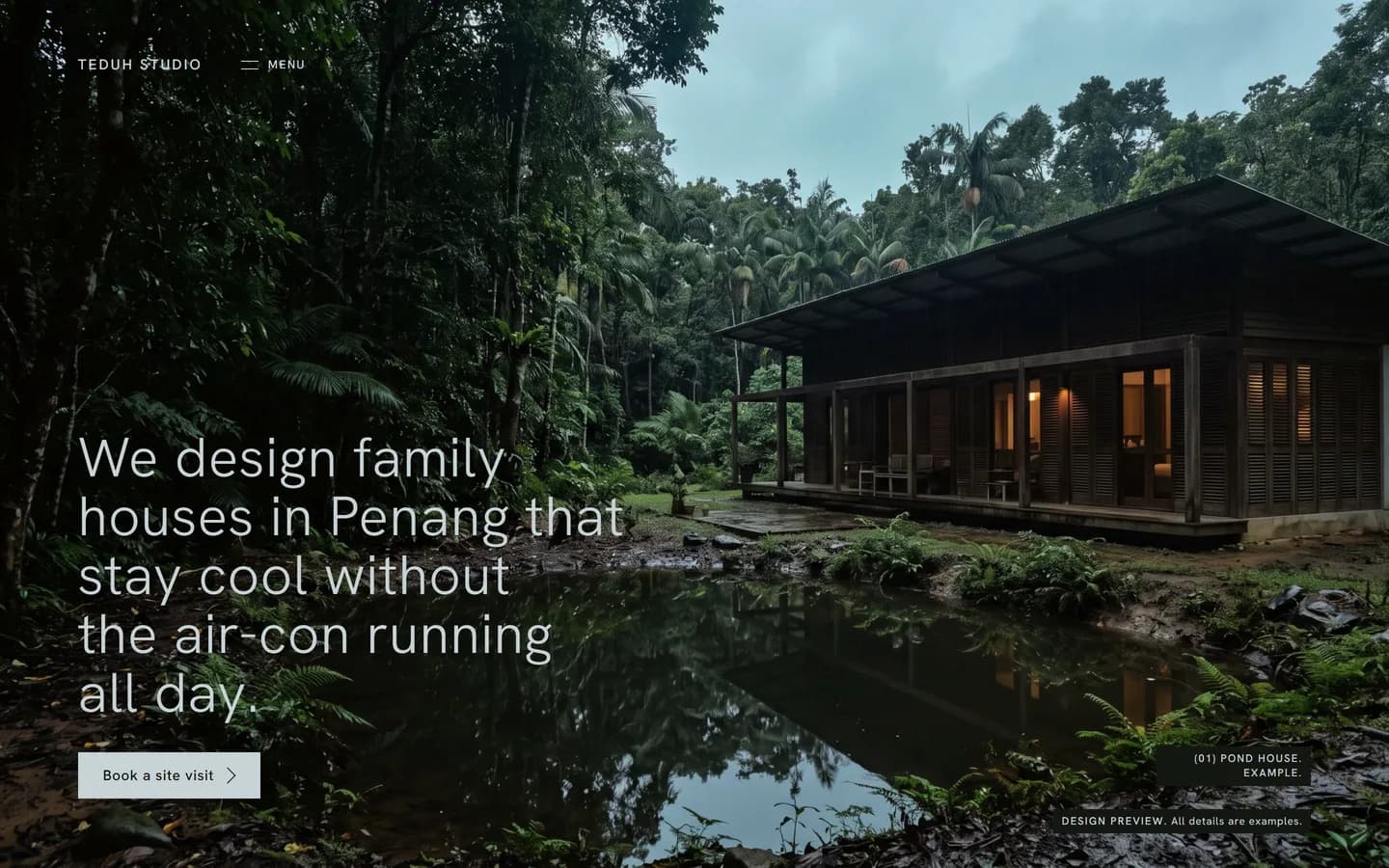 First screen A: the house beside the pond, to every edge, with the headline over it