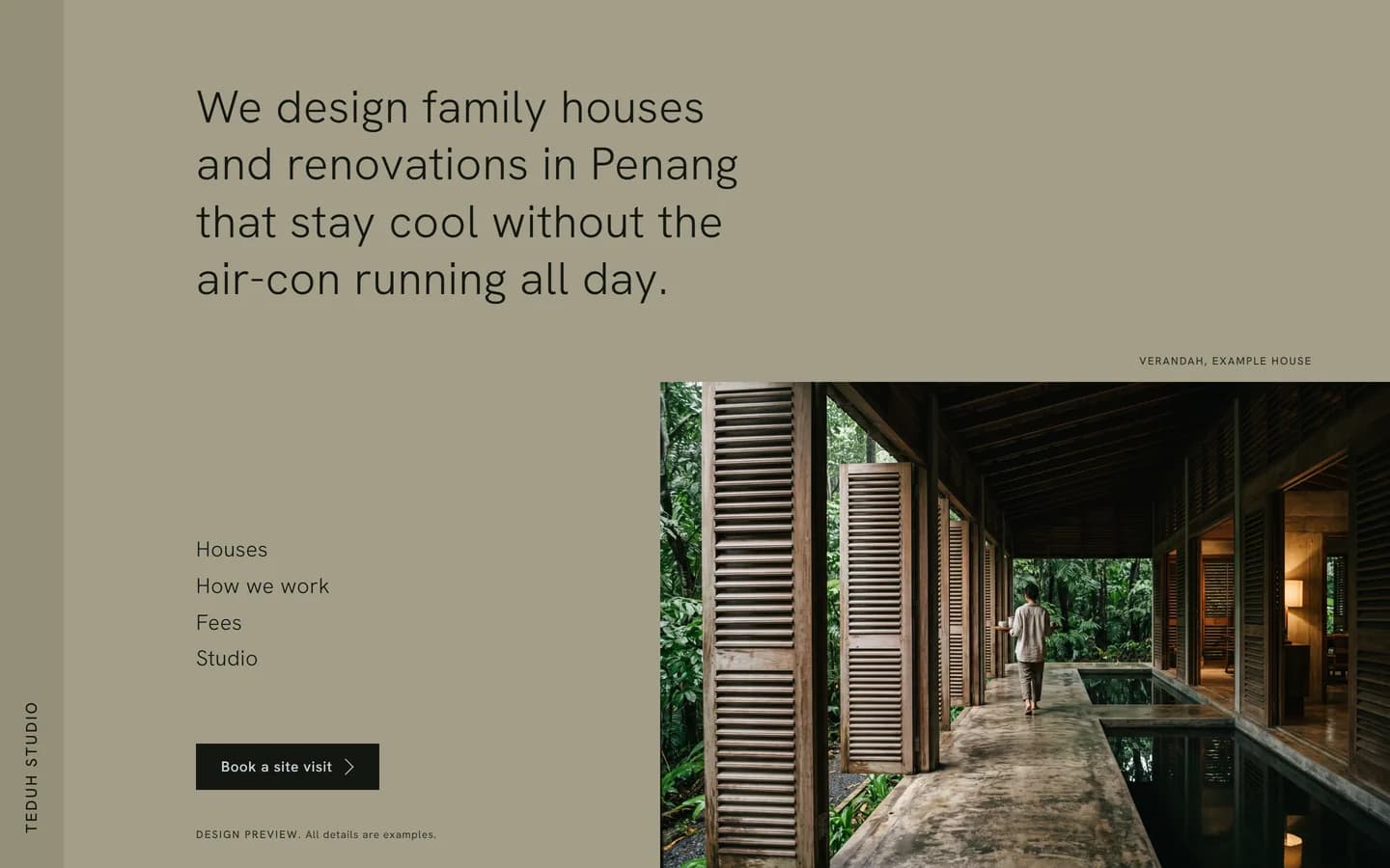 First screen B: a khaki wall with the headline, and a verandah picture in the corner