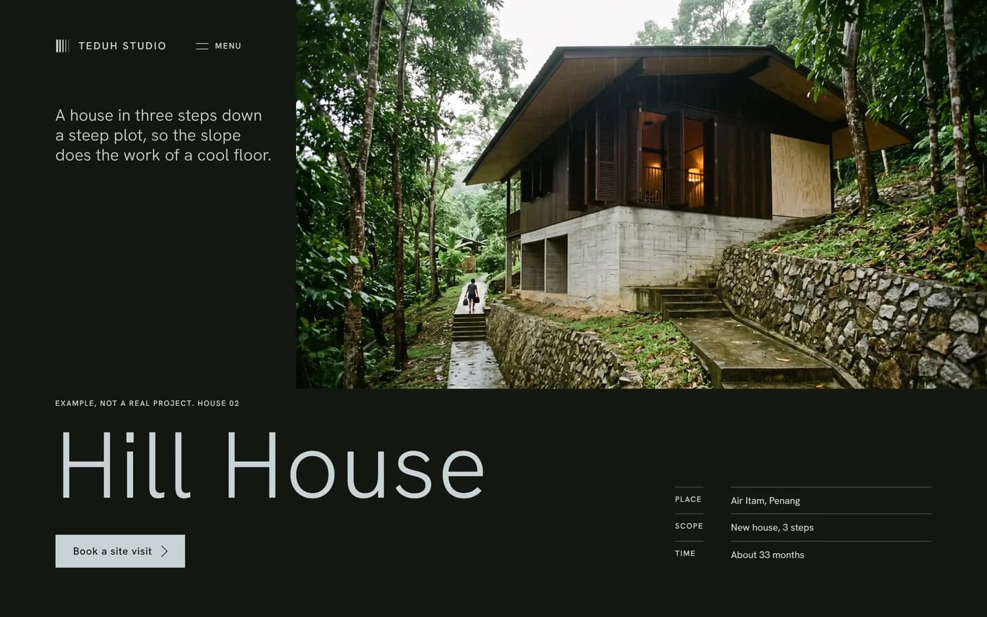 The Hill House page: a house in three steps down a steep plot