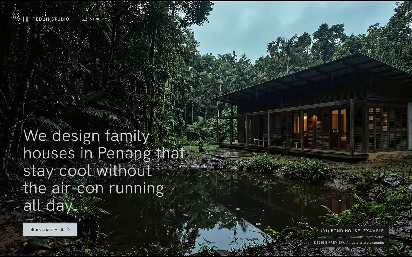 Teduh Studio's home page: the house beside the pond, full screen, with the headline over it