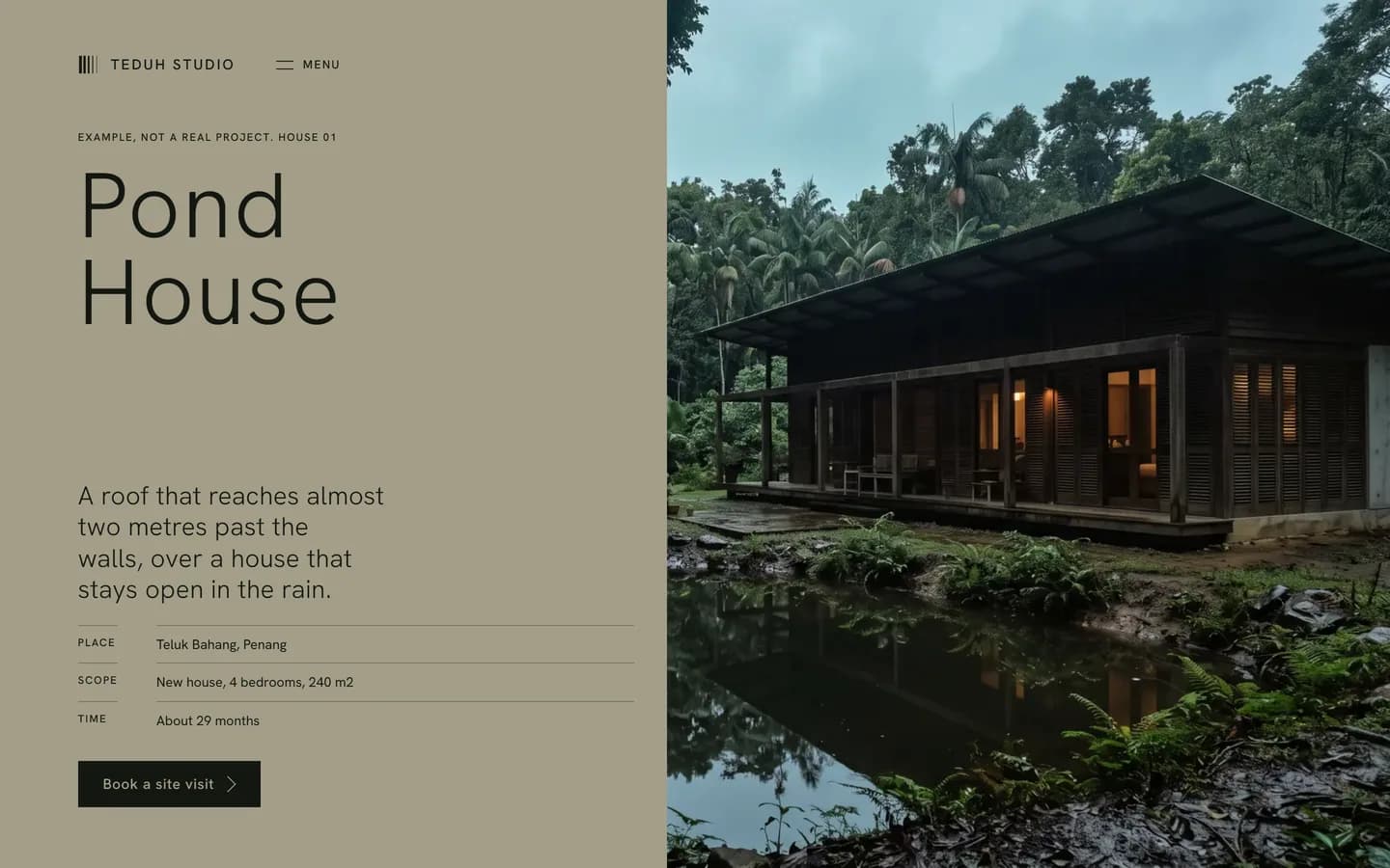 The Pond House page: its name on a khaki wall beside the house and the pond