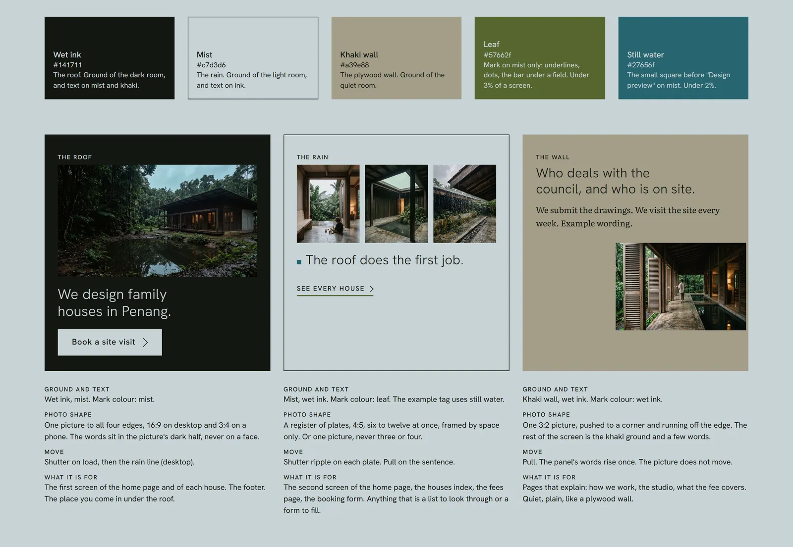 Teduh's system sheet: five colors, from wet ink to still water, and the three rooms they make, Roof, Rain and Wall