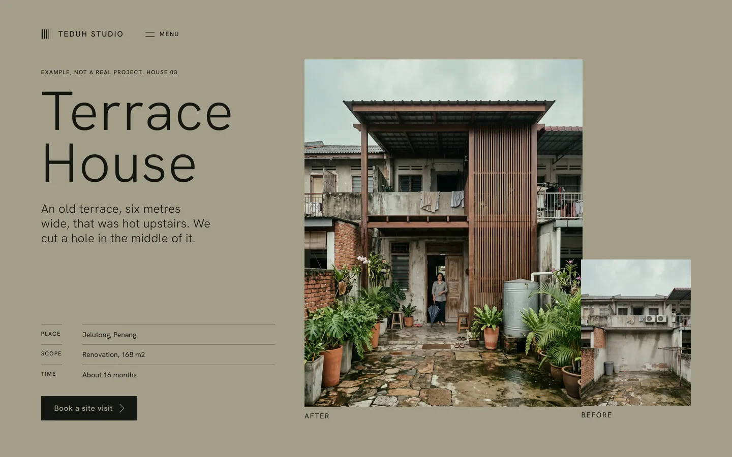 The Terrace House page: an old terrace with a new timber screen, after and before