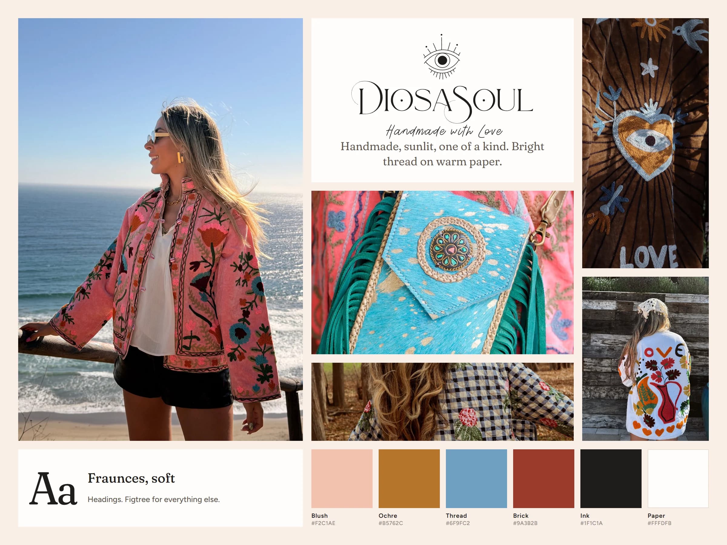 Diosa Soul's moodboard: an embroidered pink jacket by the sea, close-ups of its stitching, its eye logo, its six colors and its type