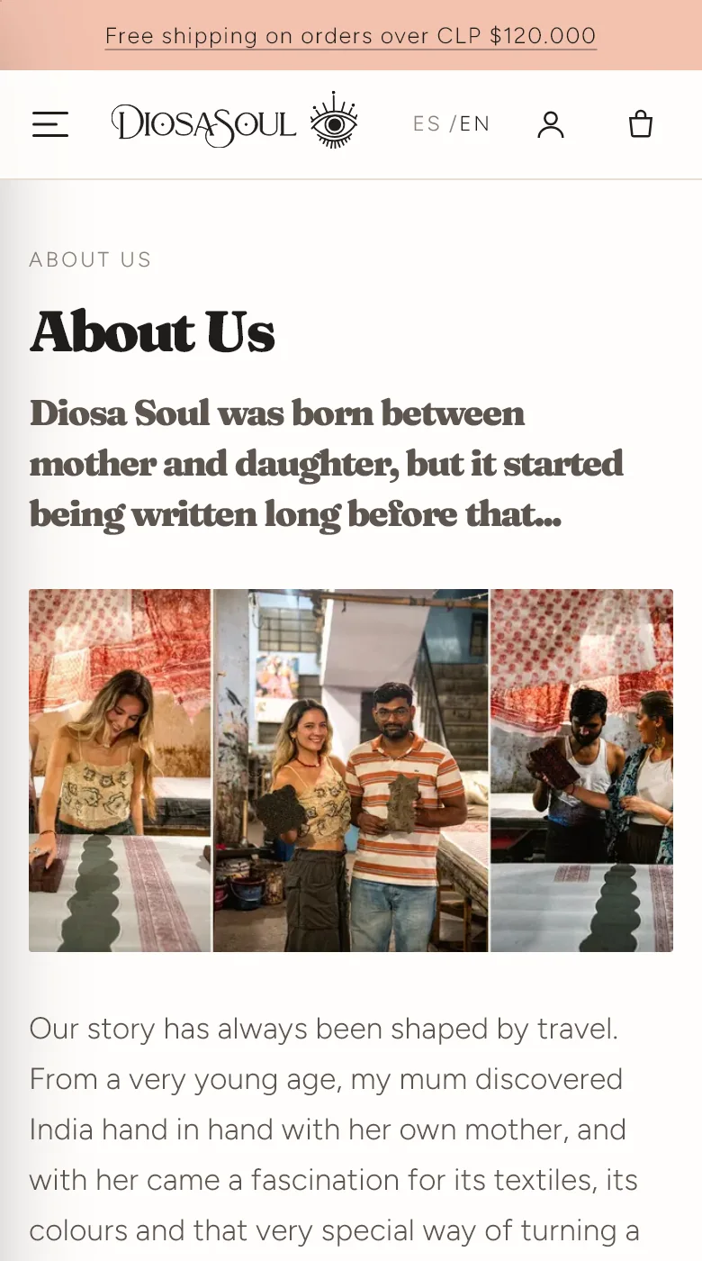 Diosa Soul's about page on a phone: how a mother and daughter started it
