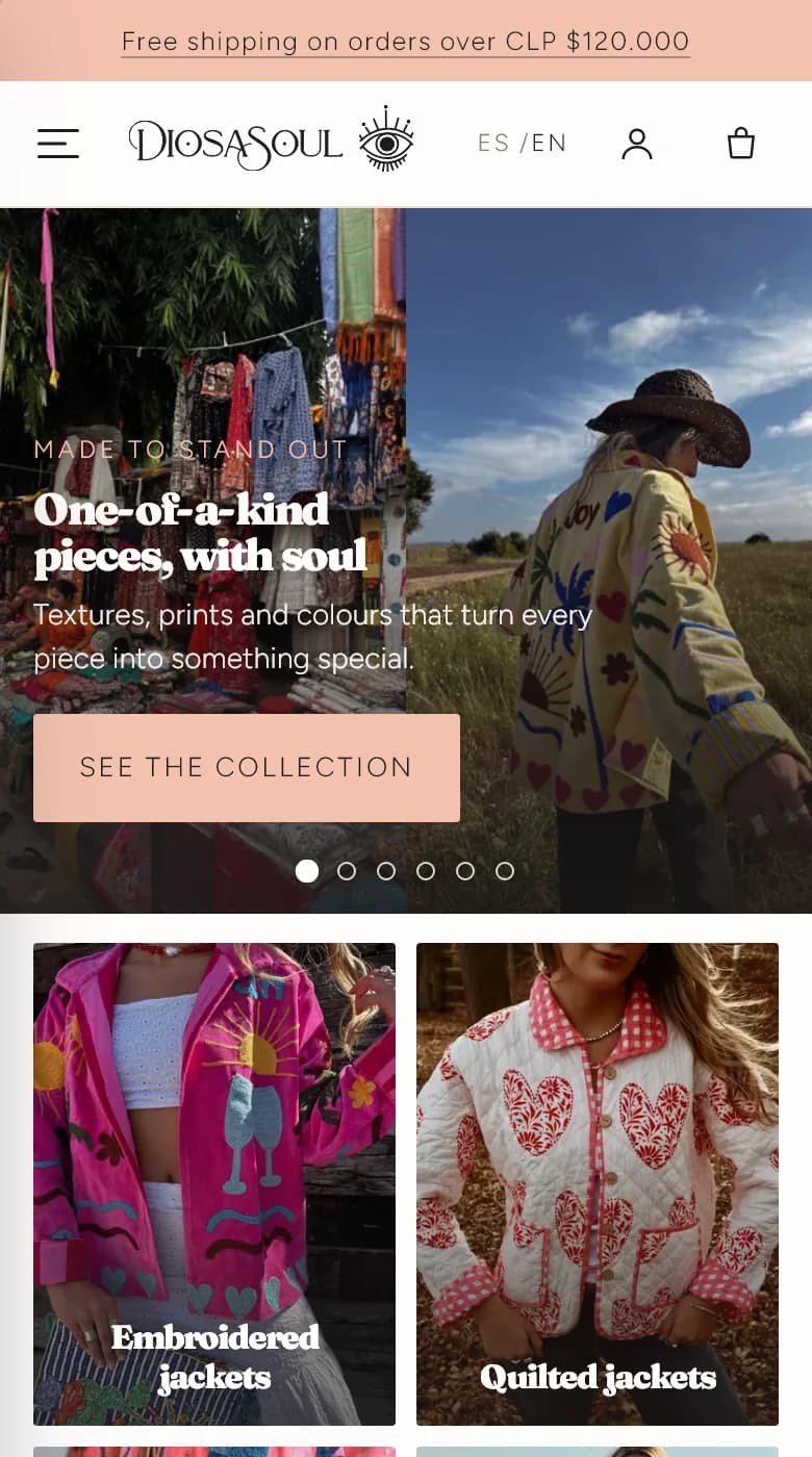 Diosa Soul's home page on a phone: one-of-a-kind jackets worn outdoors