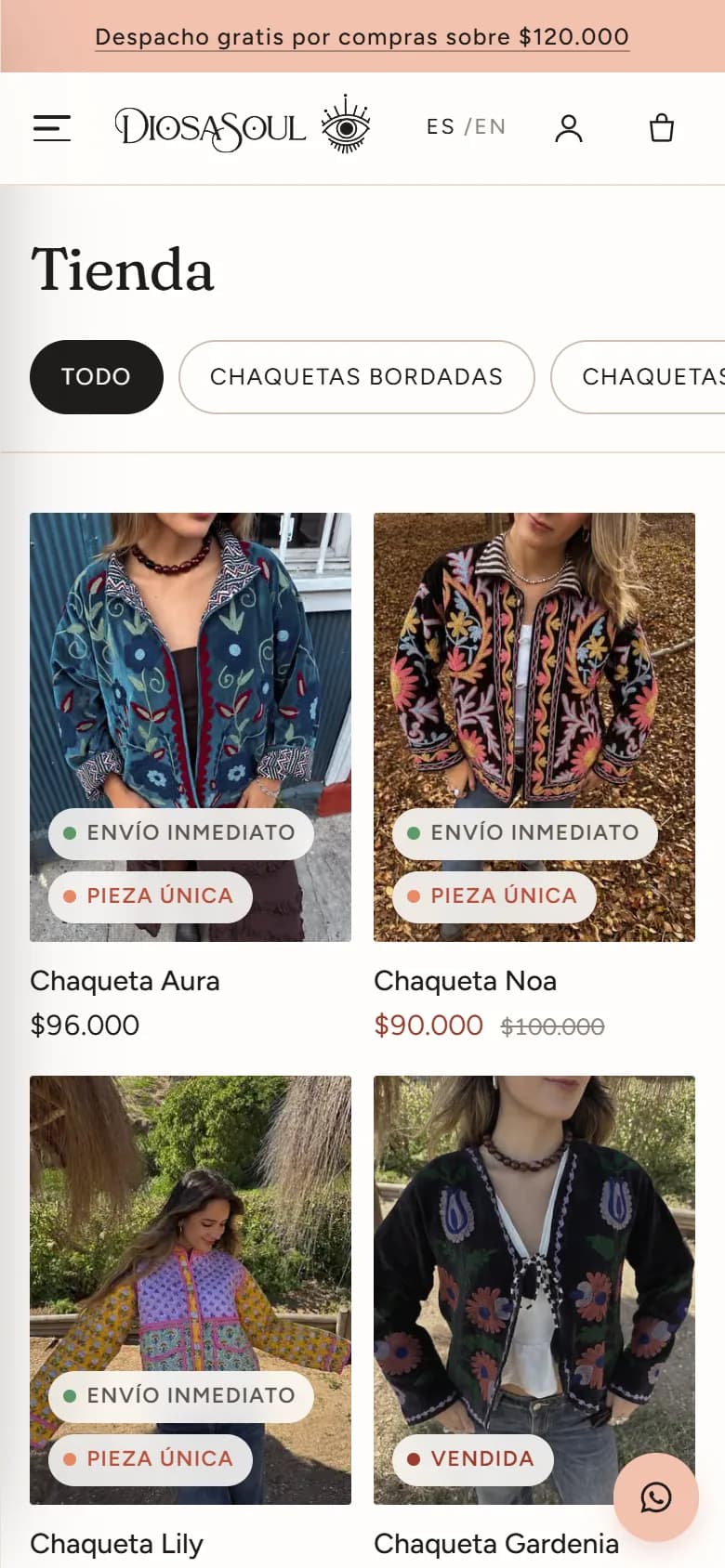 Diosa Soul's shop on a phone: jackets in a grid, each marked as a single piece