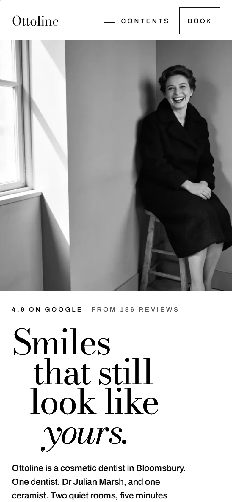 Ottoline's home page on a phone: a woman seated in a bare corner, over the headline in large type