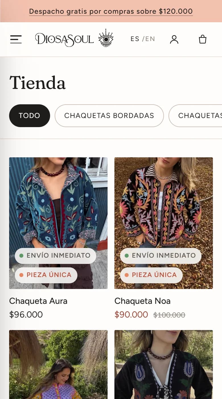 Diosa Soul's shop on a phone, with category tiles