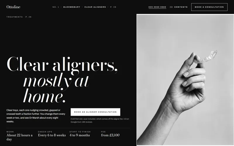 Ottoline's aligners page: a black page, a hand holding a clear aligner