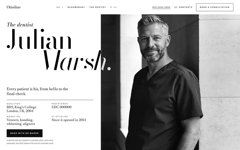 Ottoline's dentist page: his name in large type across from his portrait