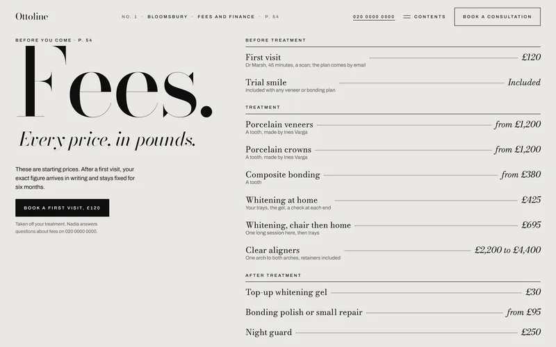 Ottoline's fees page: every fee in pounds on a price list