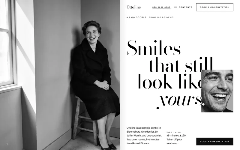 Ottoline's home page: a woman seated in a bare corner beside the headline in large black and white type