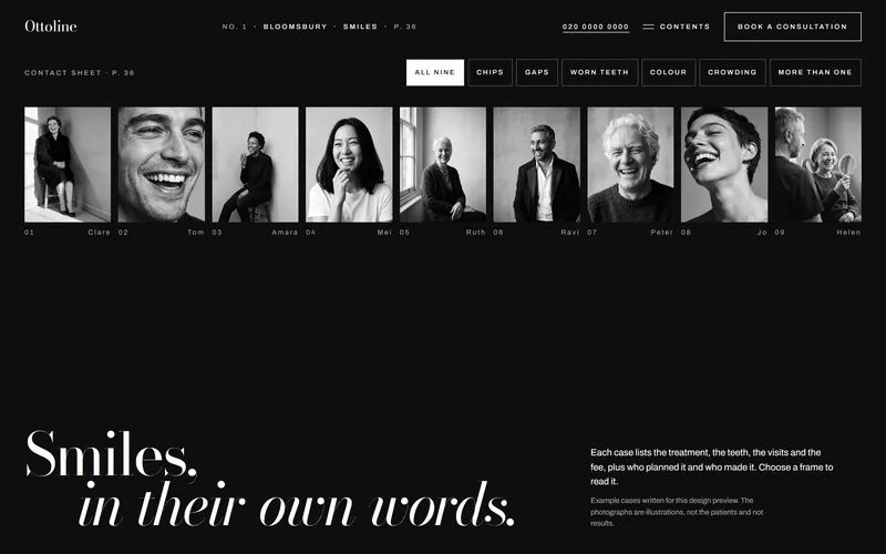 Ottoline's smiles page: nine portraits on a contact sheet, on black