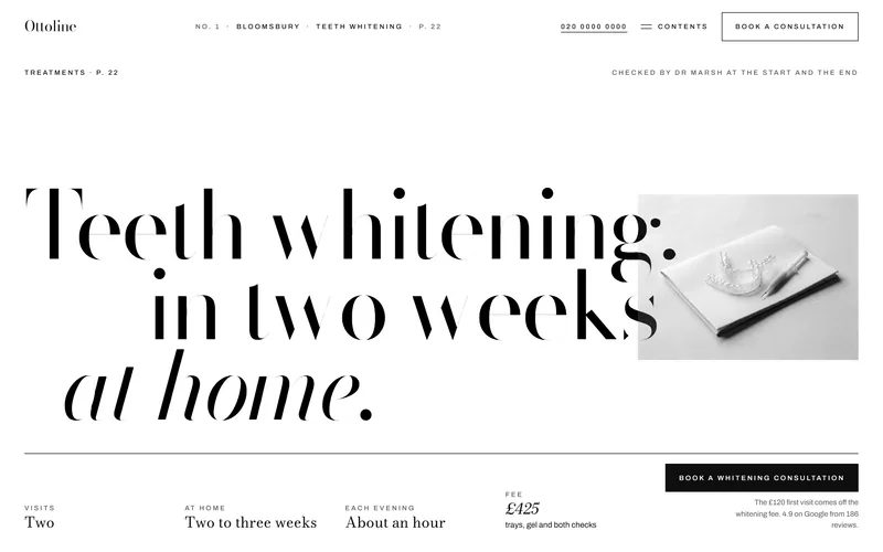 Ottoline's whitening page: the headline in huge type with the trays pushed into it