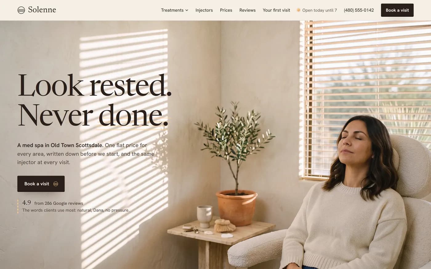 Solenne's home page: a med spa's headline, its one price rule and a booking button over a warm photo