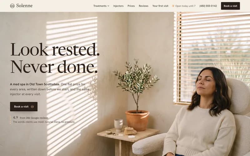Solenne's home page: a med spa's headline, its one price rule and a booking button over a warm photo