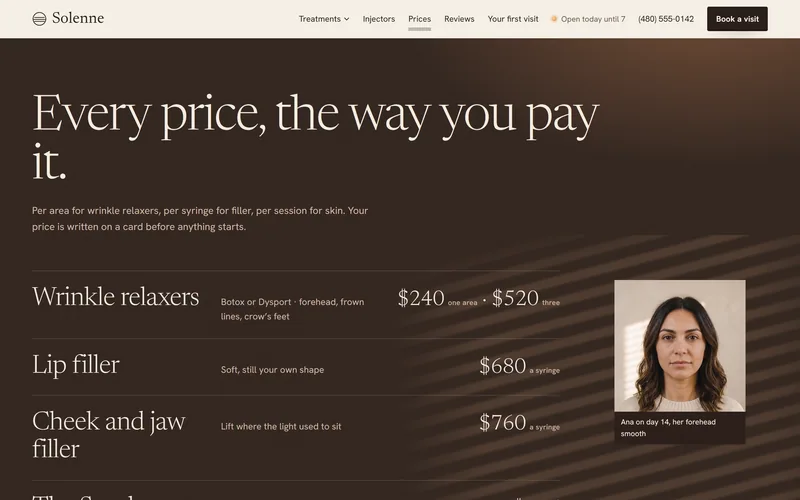 Solenne's prices page: one price per area