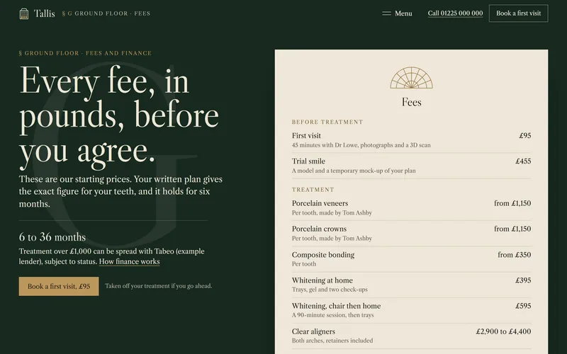 Tallis's fees page: every fee in pounds on a printed card