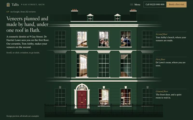 Tallis's home page: the headline beside a drawing of its green townhouse, a window lit on each floor