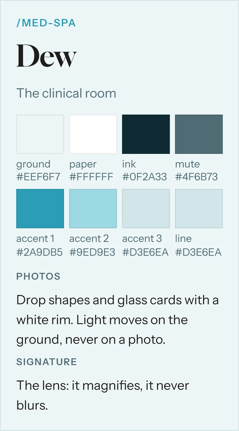 Dew, the room for the med spa page: its colors, drop-shaped photos and glass cards, and the lens