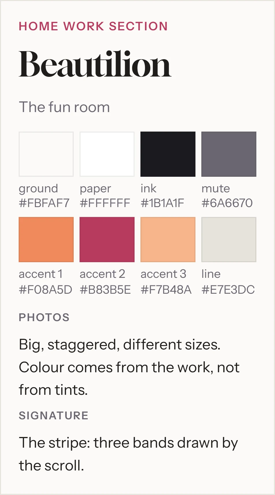 Beautilion, the room for the home page's work section: its colors, big staggered photos, and the stripe