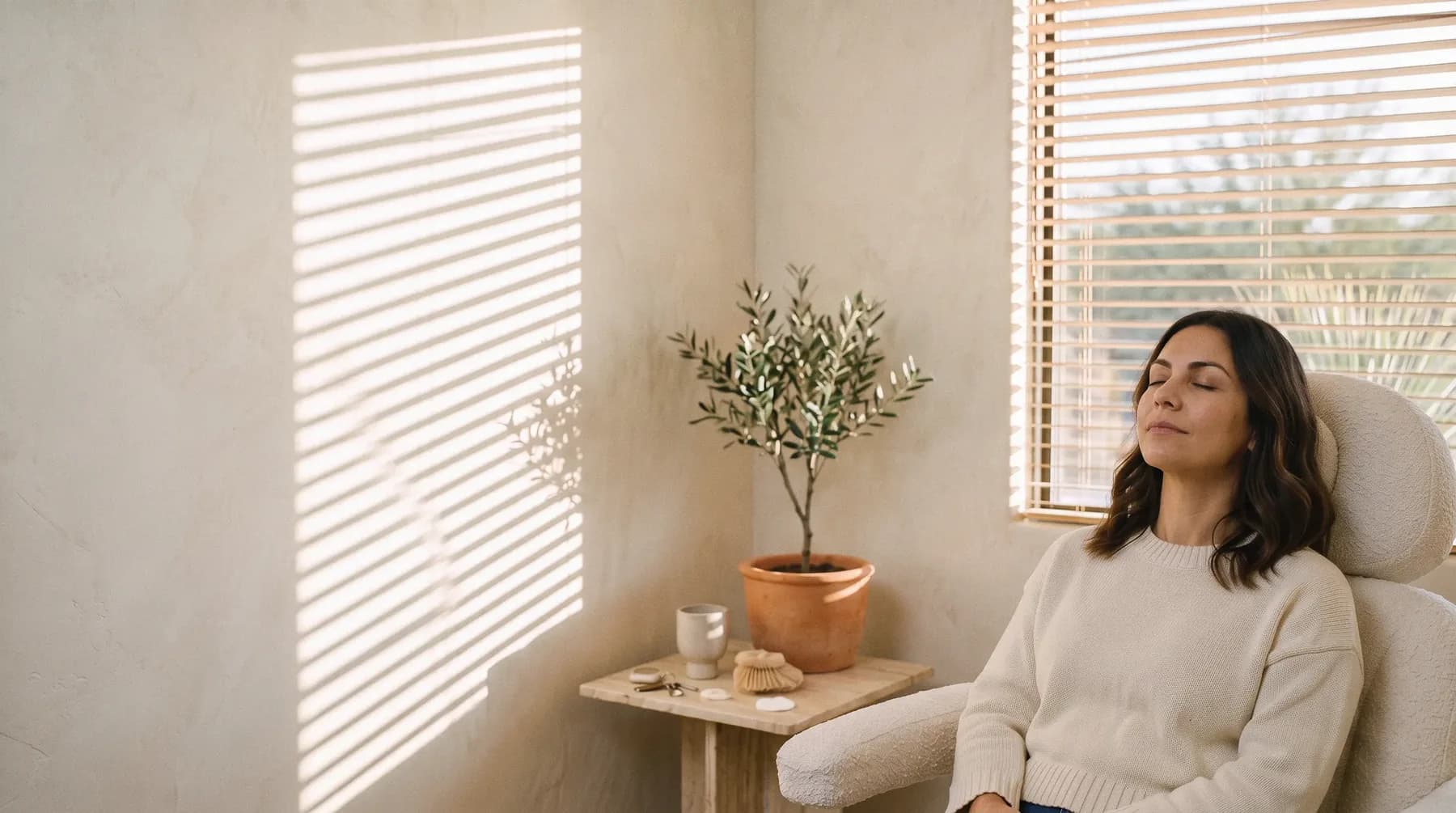 Solenne's home page photo: a woman resting in a treatment chair by a sunny window