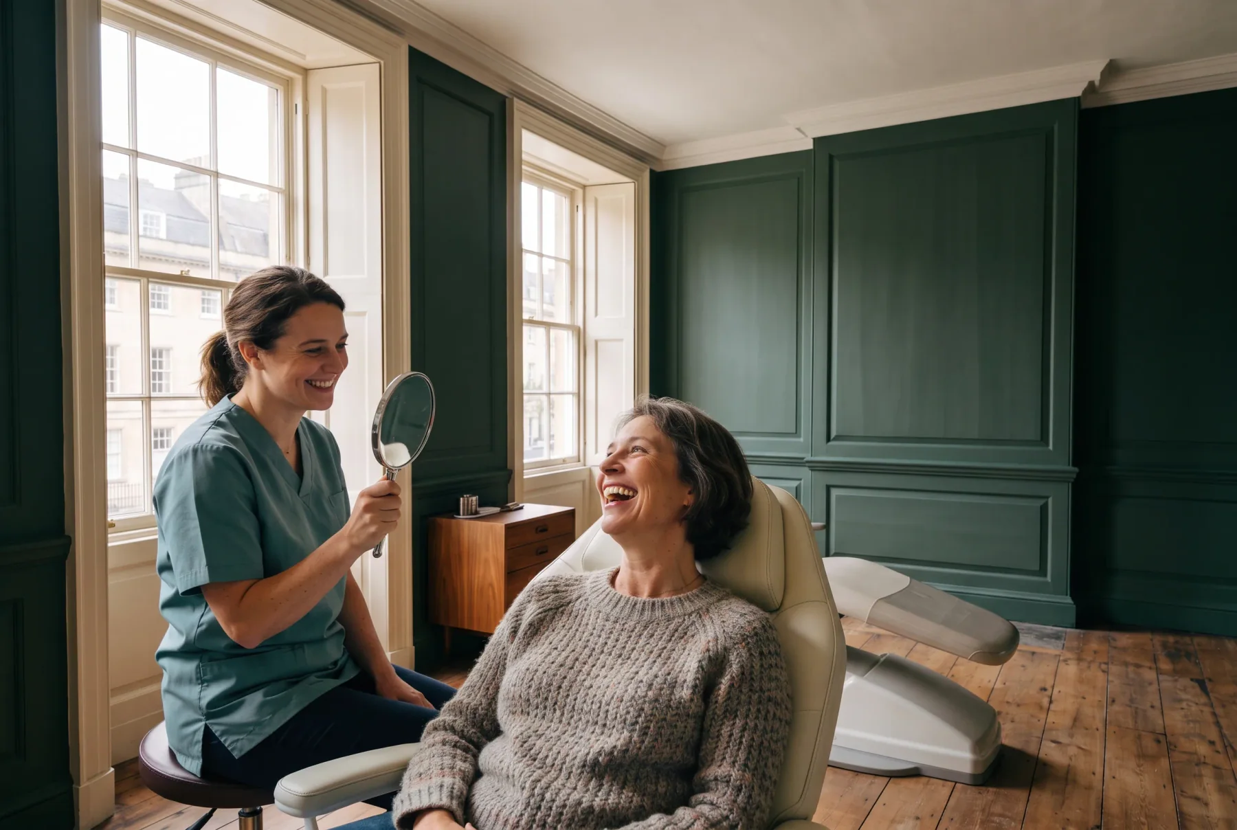 Tallis: the dentist holding up a mirror for a patient in a green room