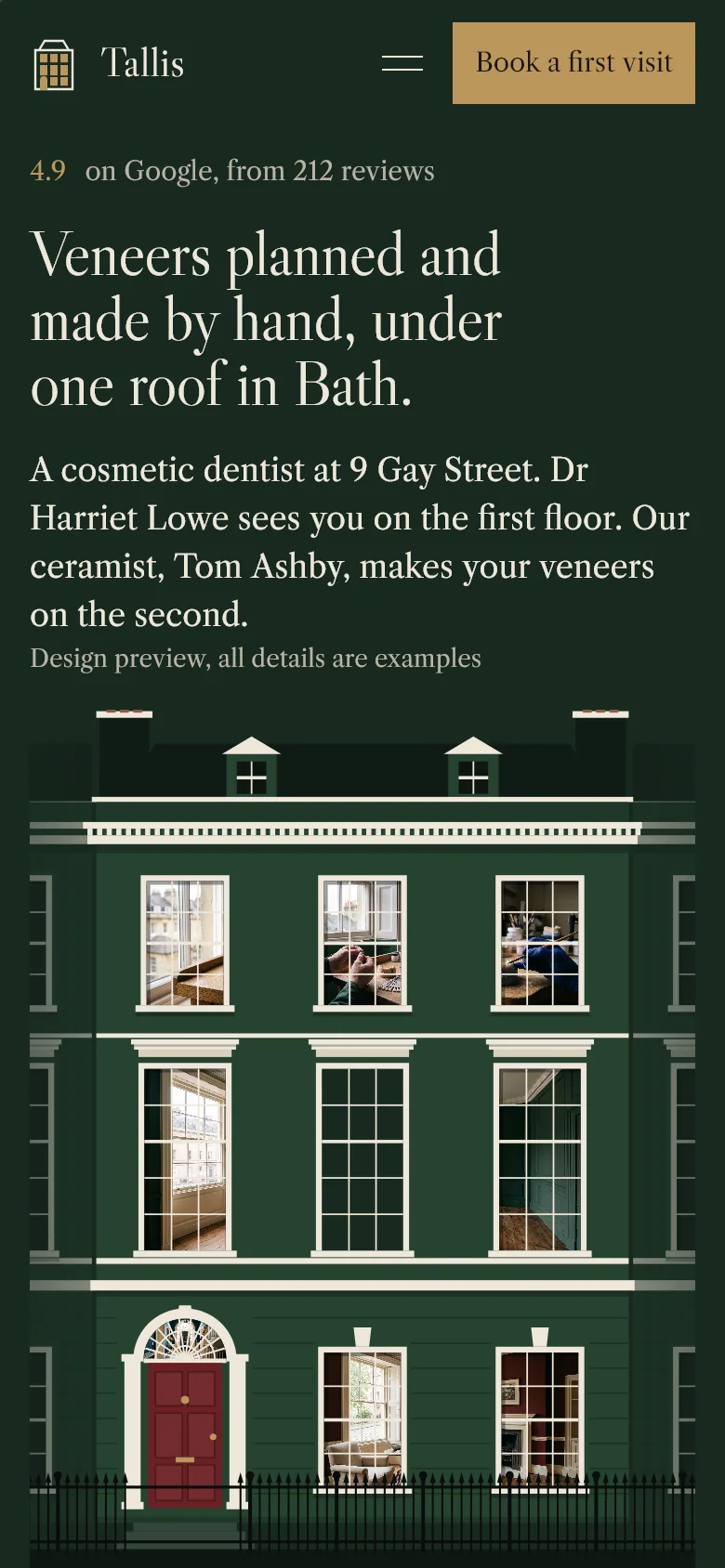 Tallis's home page on a phone: the headline over a drawing of the house