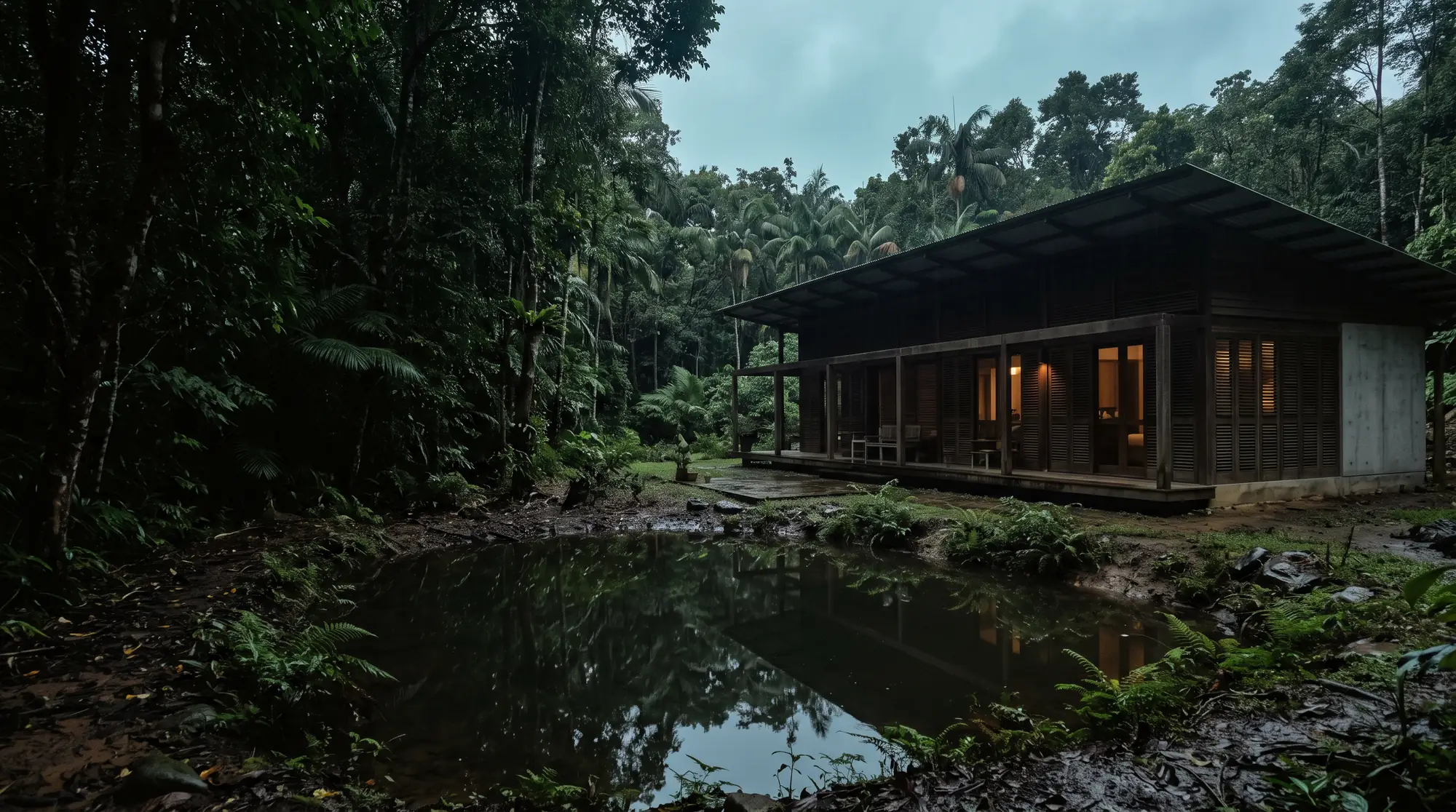 Teduh Studio's home page photo: a dark timber house under a deep roof, beside a still pond in the rainforest