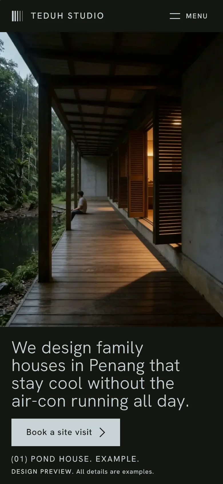 Teduh Studio's home page on a phone: a long timber verandah by the pond, over the headline