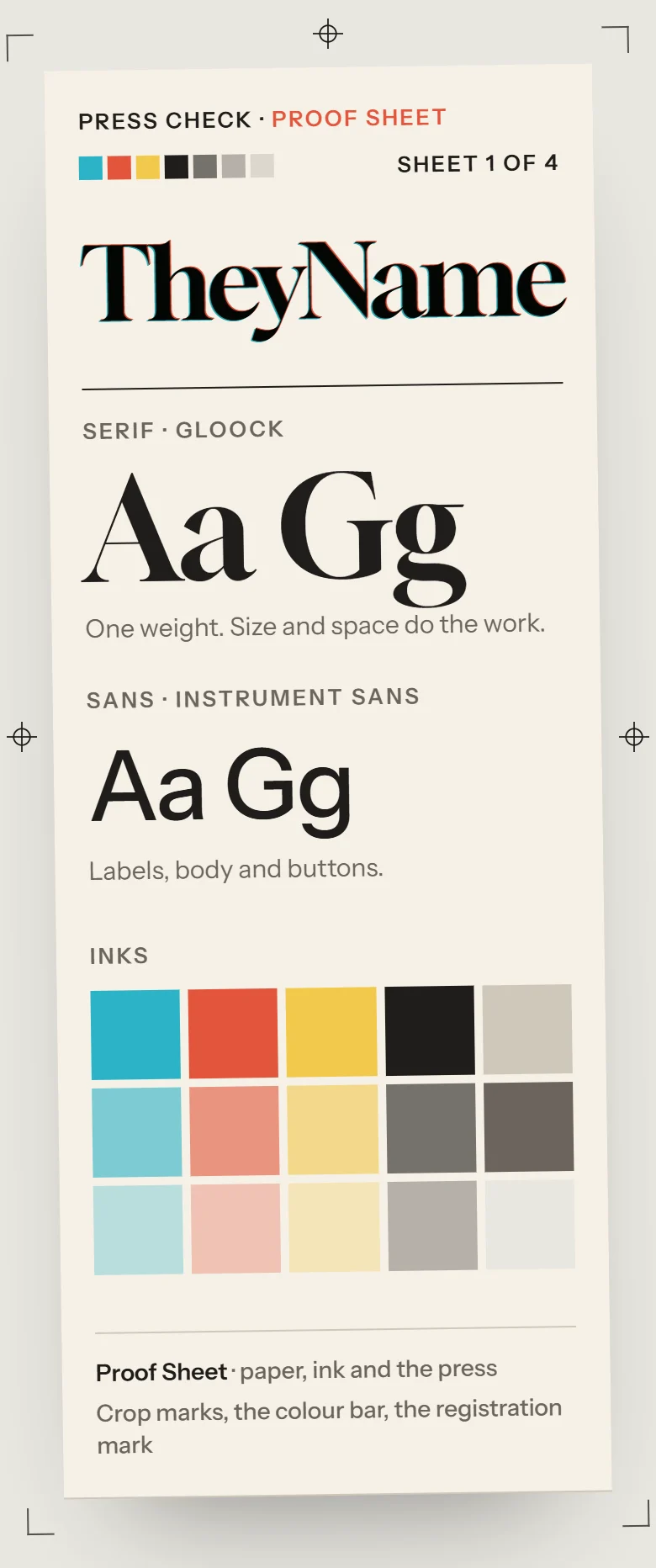 A press proof of the Proof Sheet world: the TheyName wordmark with its inks a hair out of register, the ink swatches, the two typefaces, crop marks and registration marks